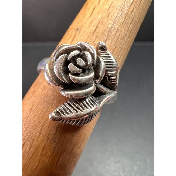Vintage Sterling Silver Rose Flower Leaf Ring Size 7 – 925 Solid Floral Design - Picture 1 of 16